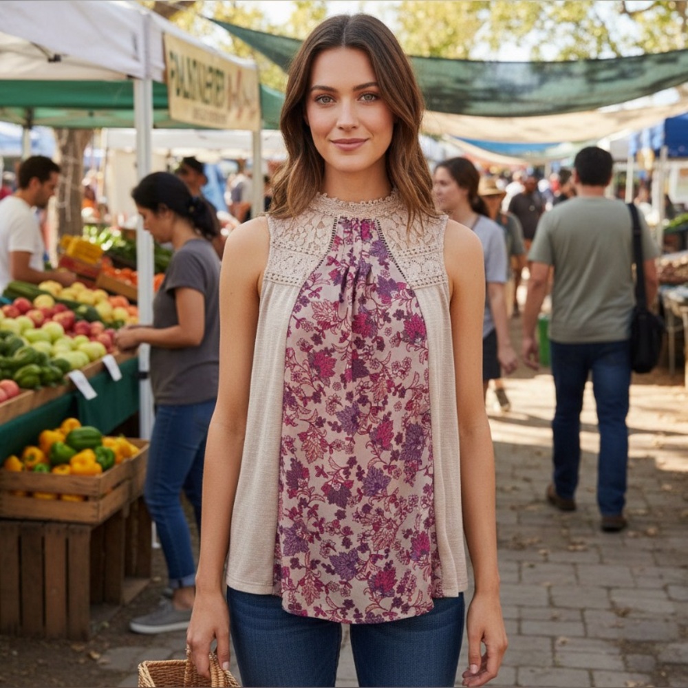 Skylar & Jade Boho Floral Sleeveless Blouse Size L